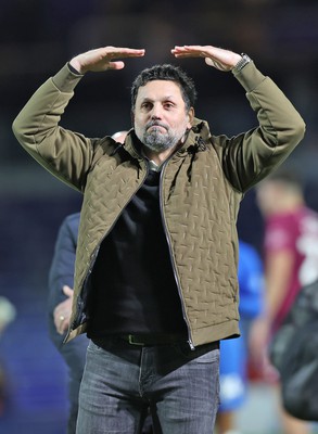 100424 - Birmingham City v Cardiff City - Sky Bet Championship - Manager Erol Bulut of Cardiff celebrates at the end of the game to travelling fans