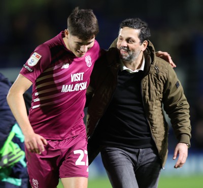 100424 - Birmingham City v Cardiff City - Sky Bet Championship - Manager Erol Bulut of Cardiff and Rubin Colwill of Cardiff at the end of the match