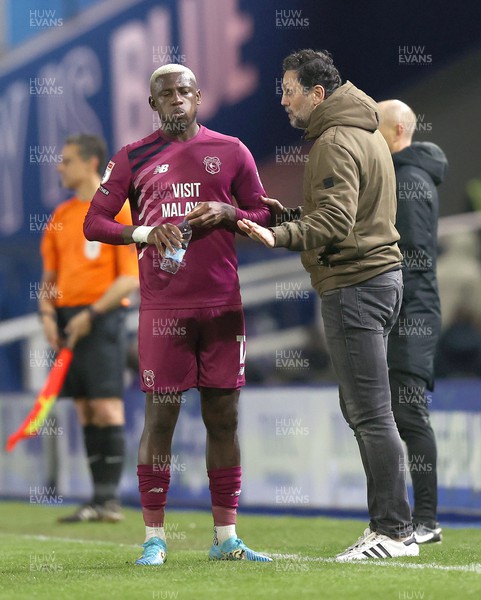 100424 - Birmingham City v Cardiff City - Sky Bet Championship - Manager Erol Bulut of Cardiff gives advice to Jamilu Collins of Cardiff in the 1st half