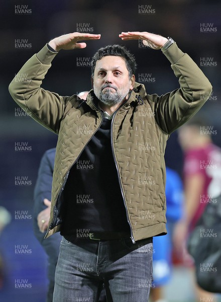 100424 - Birmingham City v Cardiff City - Sky Bet Championship - Manager Erol Bulut of Cardiff celebrates at the end of the game to travelling fans