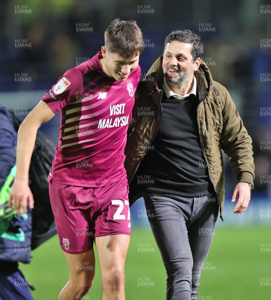 100424 - Birmingham City v Cardiff City - Sky Bet Championship - Manager Erol Bulut of Cardiff celebrates at the end of the game to travelling fans with Rubin Colwill of Cardiff