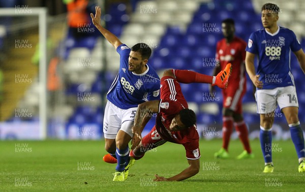 131017 - Birmingham City v Cardiff City - SkyBet Championship - Nathaniel Mendez-Laing of Cardiff City is blocked by Maxime Colin of Birmingham City
