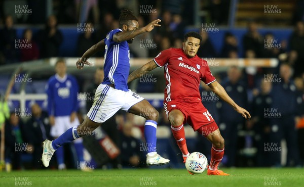 131017 - Birmingham City v Cardiff City - SkyBet Championship - Nathaniel Mendez-Laing of Cardiff City is tackled by Sam Gallagher of Birmingham City