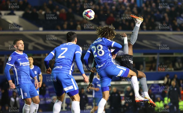 140223 - Birmingham City v Cardiff City - Sky Bet Championship - Sory Kaba of Cardiff tries an overhead shot on goal