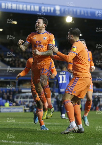 180120 - Birmingham City v Cardiff City - Sky Bet Championship - Lee Tomlin of Cardiff [middle] celebrates with Callum Paterson and Junior Hoilett