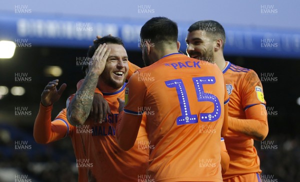 180120 - Birmingham City v Cardiff City - Sky Bet Championship - Lee Tomlin of Cardiff celebrates with Marlon Pack and Callum Paterson 