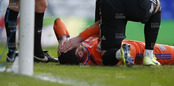 180120 - Birmingham City v Cardiff City - Sky Bet Championship - Sean Morrison of Cardiff lies injured in the goalmouth in the 1st half