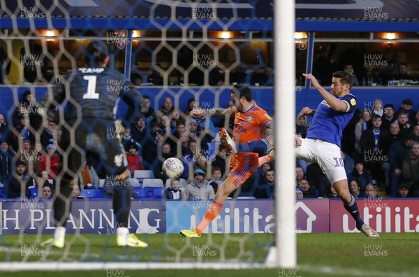 180120 - Birmingham City v Cardiff City - Sky Bet Championship - Lee Tomlin of Cardiff has the ball removed by Lukas Jutkiewicz of Birmingham City in the goalmouth