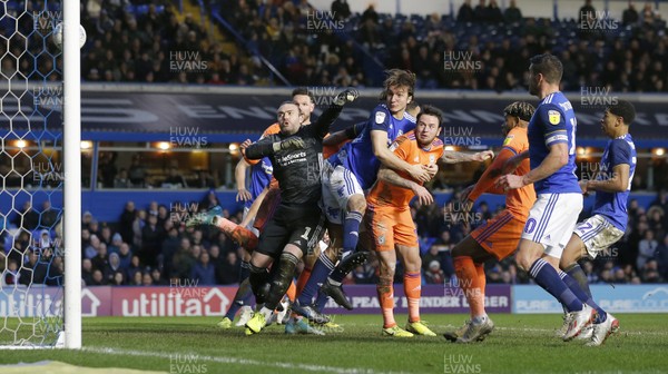 180120 - Birmingham City v Cardiff City - Sky Bet Championship - Both teams watch as the ball goes in the net for the Cardiff goal scored by Lee Tomlin of Cardiff