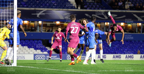290823 - Birmingham City v Cardiff City - Carabao Cup Second Round - Ebou Adams of Cardiff anticipates a header from a corner