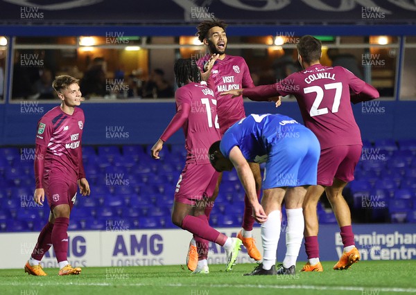 290823 - Birmingham City v Cardiff City - Carabao Cup Second Round - Kion Etete of Cardiff celebrates scoring the 3rd goal with Ike Ugbo of Cardiff and Rubin Colwill of Cardiff