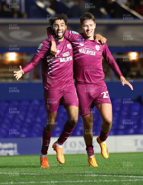 290823 - Birmingham City v Cardiff City - Carabao Cup Second Round - Kion Etete of Cardiff celebrates scoring the 3rd goal with Rubin Colwill of Cardiff