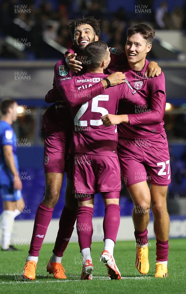 290823 - Birmingham City v Cardiff City - Carabao Cup Second Round - Kion Etete of Cardiff celebrates scoring the 3rd goal with Rubin Colwill of Cardiff and Kieron Evans of Cardiff 