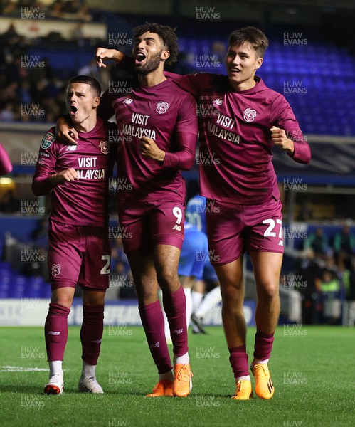 290823 - Birmingham City v Cardiff City - Carabao Cup Second Round - Kion Etete of Cardiff celebrates scoring the 3rd goal with Rubin Colwill of Cardiff and Kieron Evans of Cardiff 