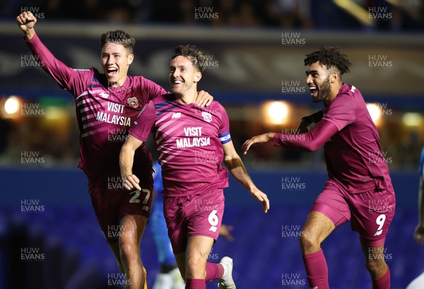 290823 - Birmingham City v Cardiff City - Carabao Cup Second Round - Ryan Wintle of Cardiff celebrates with Rubin Colwill of Cardiff and Kion Etete of Cardiff