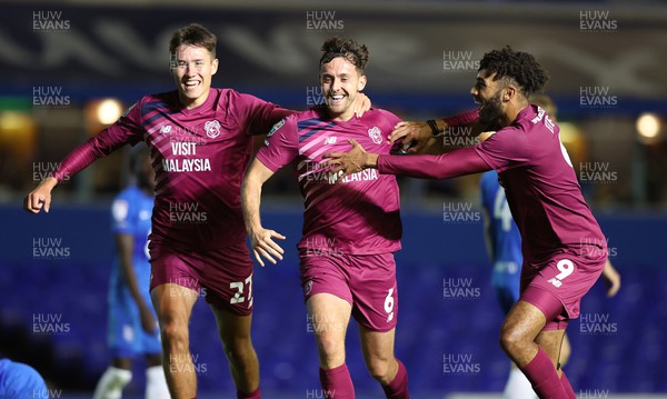 290823 - Birmingham City v Cardiff City - Carabao Cup Second Round - Ryan Wintle of Cardiff celebrates with Rubin Colwill of Cardiff and Kion Etete of Cardiff