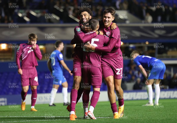 290823 - Birmingham City v Cardiff City - Carabao Cup Second Round - Kion Etete of Cardiff celebrates with Rubin Colwill of Cardiff and Kieron Evans of Cardiff
