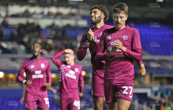 290823 - Birmingham City v Cardiff City - Carabao Cup Second Round - Kion Etete of Cardiff and Rubin Colwill of Cardiff applaud the travelling fans