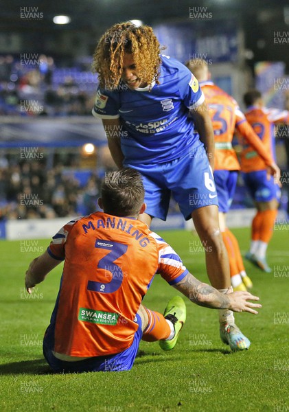 081122 - Birmingham City v Swansea City - Sky Bet Championship - Ryan Manning  of Swansea is told to get up by an angry Hannibal Mejbri of Birmingham City