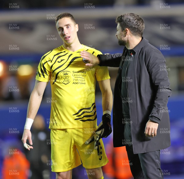 081122 - Birmingham City v Swansea City - Sky Bet Championship - Head Coach Russell Martin of Swansea consoles Goalkeeper Steven Benda of Swansea at the end of the match 