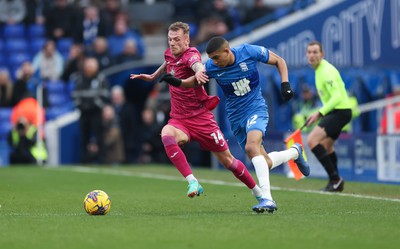 130124 - Birmingham City v Swansea City, EFL Sky Bet Championship - Josh Tymon of Swansea City and Cody Drameh of Birmingham City compete for the ball