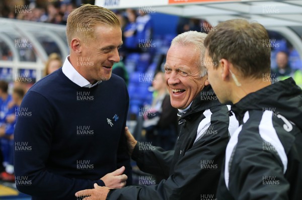 170818 - Birmingham City v Swansea City, Sky Bet Championship - Birmingham City manager Garry Monk and Alan Curtis share a joke before the start of the match