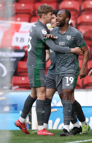 150325 - Blackburn Rovers v Cardiff City - Sky Bet Championship - Yakou Meite of Cardiff celebrates scoring their second goal with Joel Bagan of Cardiff