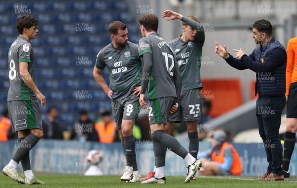 150325 - Blackburn Rovers v Cardiff City - Sky Bet Championship - Manager Omer Riza of Cardiff gives a talk to team in a break in play