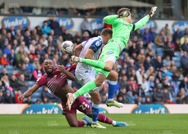 211023 - Blackburn Rovers v Cardiff City - Sky Bet Championship - Goalkeeper Leopold Wahistedt of Blackburn Rovers saves from Yakou Meite of Cardiff in 2nd half