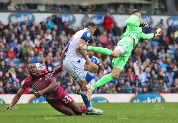 211023 - Blackburn Rovers v Cardiff City - Sky Bet Championship - Goalkeeper Leopold Wahistedt of Blackburn Rovers saves from Yakou Meite of Cardiff in 2nd half