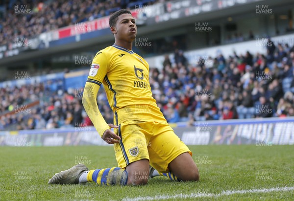 290220 - Blackburn Rovers v Swansea City - Sky Bet Championship - Rhian Brewster of Swansea celebrates scoring his team's 1st goal in front of the home fans