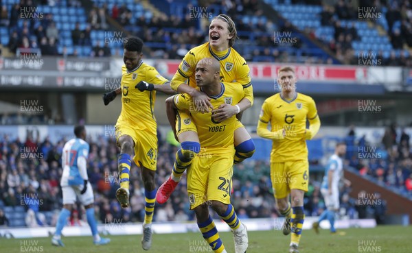 290220 - Blackburn Rovers v Swansea City - Sky Bet Championship - Andre Ayew of Swansea celebrates after penalty with Conor Gallagher  of Swansea on top 