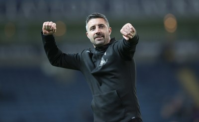 300925 - Blackburn Rovers v Swansea City - Sky Bet Championship - Swansea manager Alan Sheehan salutes the travelling fans at the end of the match