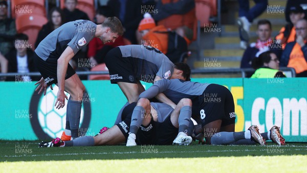 070423 - Blackpool v Cardiff City - Sky Bet Championship - Cardiff players celebrate their third goal