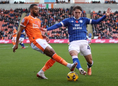 081125 - Blackpool v Cardiff City - Sky Bet League 1 - Cian Ashford of Cardiff and CJ Hamilton of Blackpool