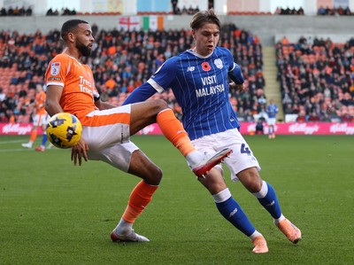 081125 - Blackpool v Cardiff City - Sky Bet League 1 - Cian Ashford of Cardiff and CJ Hamilton of Blackpool