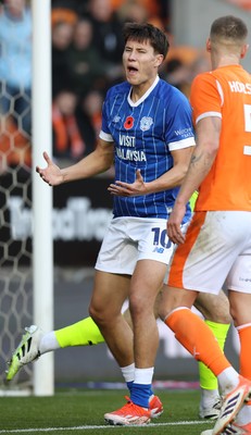 081125 - Blackpool v Cardiff City - Sky Bet League 1 - Reaction from Rubin Colwill of Cardiff for missed chance