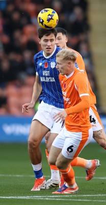 081125 - Blackpool v Cardiff City - Sky Bet League 1 - Rubin Colwill of Cardiff and Jordan Brown of Blackpool
