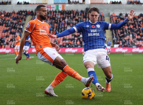 081125 - Blackpool v Cardiff City - Sky Bet League 1 - Cian Ashford of Cardiff and CJ Hamilton of Blackpool