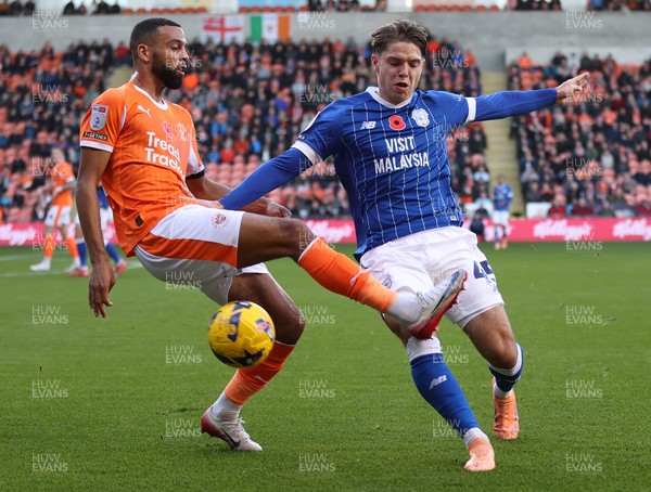 081125 - Blackpool v Cardiff City - Sky Bet League 1 - Cian Ashford of Cardiff and CJ Hamilton of Blackpool