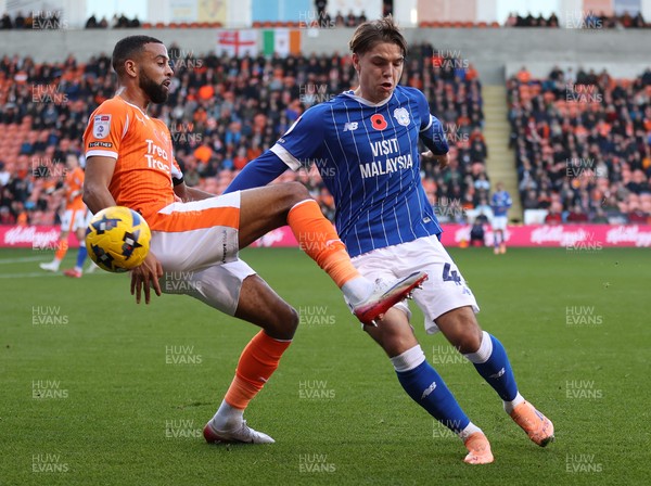 081125 - Blackpool v Cardiff City - Sky Bet League 1 - Cian Ashford of Cardiff and CJ Hamilton of Blackpool