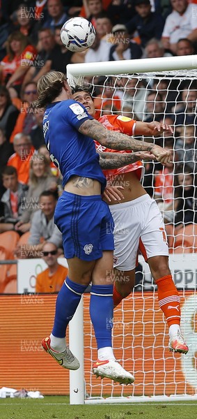 140821 - Blackpool v Cardiff City - Sky Bet Championship - Aden Flint of Cardiff tries for goal