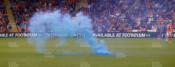 140821 - Blackpool v Cardiff City - Sky Bet Championship - Cardiff fans throw flare onto pitch after 1st goal 