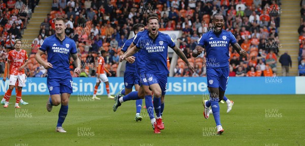 140821 - Blackpool v Cardiff City - Sky Bet Championship - Leandra Bacuna of Cardiff (R) celebrates scoring the first goal of the match with Joe Ralls