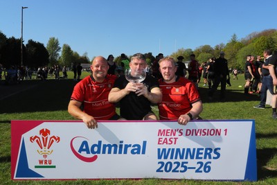 250426 - Blaina v Bedlinog - Admiral National League 1 East - Blaina RFC captains Michael John (middle in black), Tomas Speary (l) & Cobi Edwards (vice captain on right), with trophy after winning the league