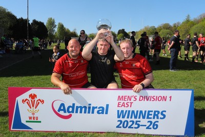 250426 - Blaina v Bedlinog - Admiral National League 1 East - Blaina RFC captains Michael John (middle in black), Tomas Speary (l) & Cobi Edwards (vice captain on right), with trophy after winning the league