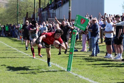 250426 - Blaina v Bedlinog - Admiral National League 1 East - Regan Watkins of Blaina RFC dives in the corner to score a try in 2nd half 