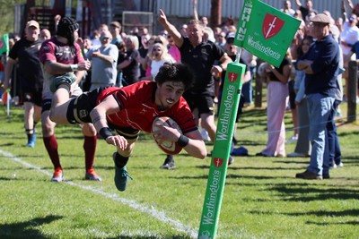 250426 - Blaina v Bedlinog - Admiral National League 1 East - Regan Watkins of Blaina RFC dives in the corner to score a try in 2nd half 