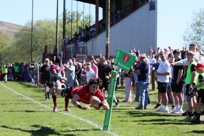 250426 - Blaina v Bedlinog - Admiral National League 1 East - Regan Watkins of Blaina RFC dives in the corner to score a try in 2nd half 