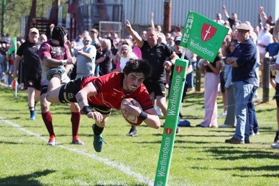 250426 - Blaina v Bedlinog - Admiral National League 1 East - Regan Watkins of Blaina RFC dives in the corner to score a try in 2nd half 